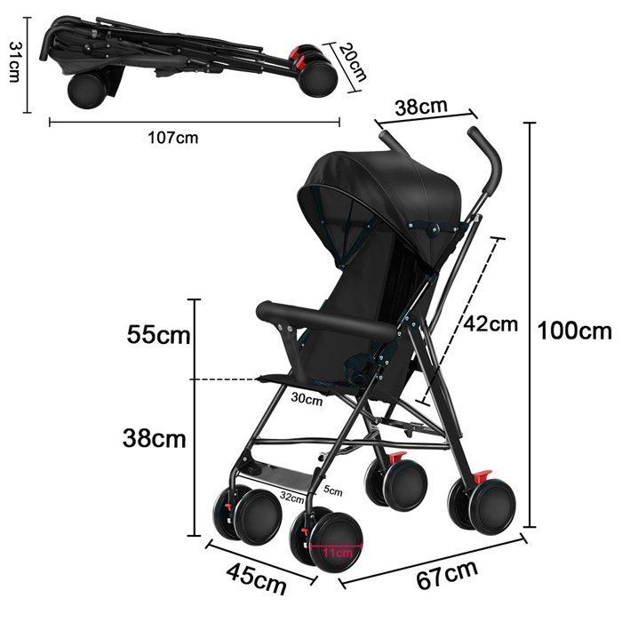 Cochecito de bebé MIPAN - Cochecito tipo paraguas ultracompacto y ligero - Con almohadillas de algodón y mosquitera - Hasta 20 kg - Negro