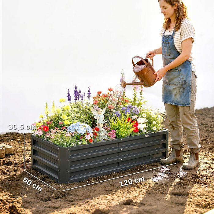Huerto de jardín Outsunny - rectangular - gran capacidad - acero galvanizado - 120 x 60 x 30,5 cm - gris