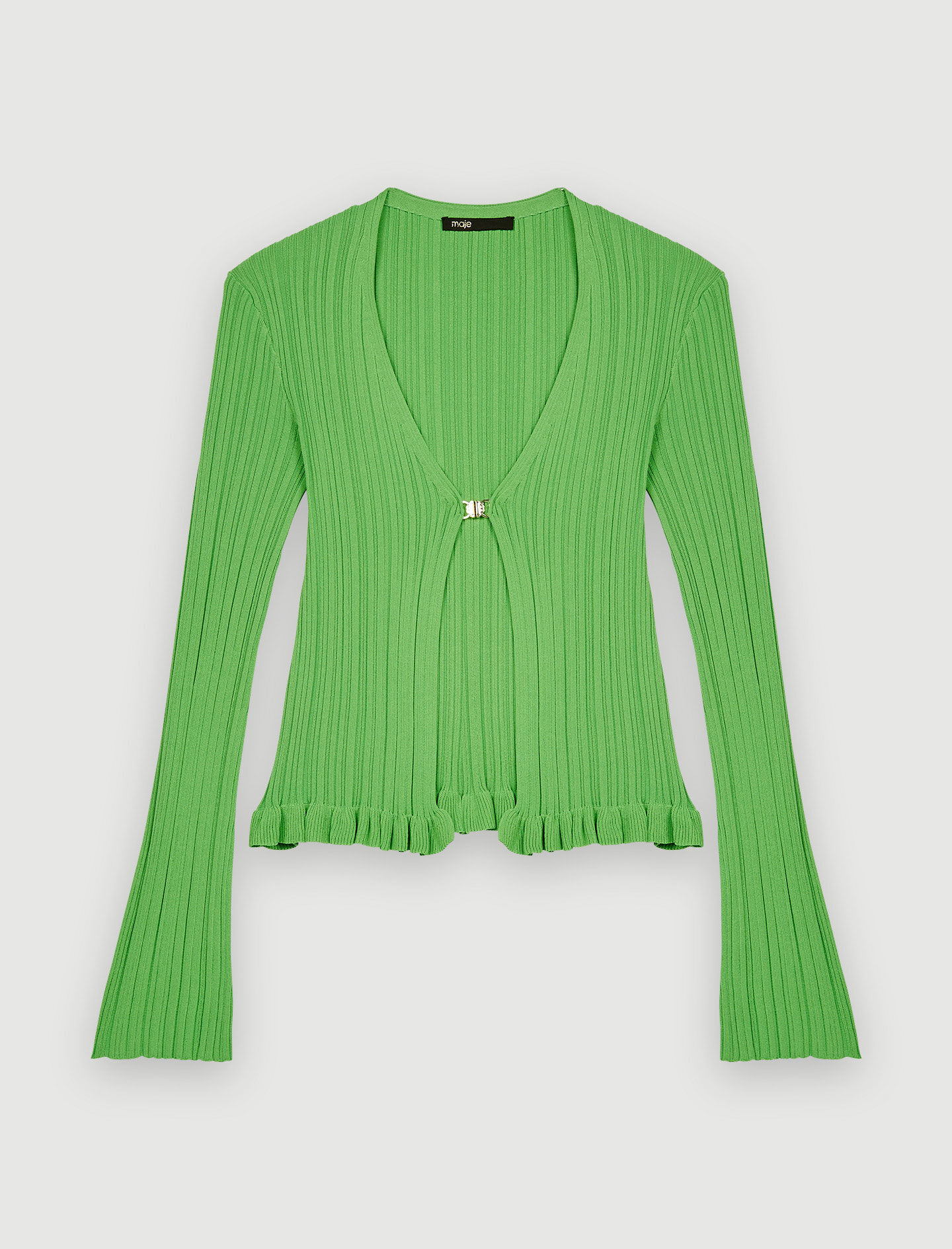 Geribbeld gebreid vest met ruches - Vert