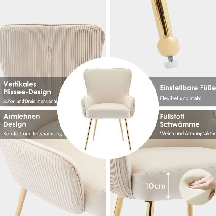 Set di 4 sedie da pranzo, rivestimento in velluto beige, schienale ergonomico, struttura in metallo dorato, supporto lombare.
