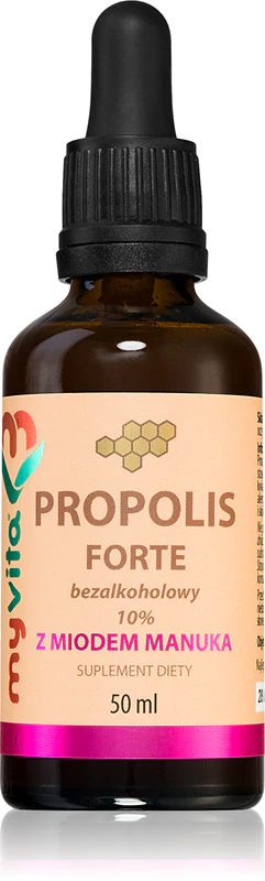 Gotas MyVita Propolis Natural FORTE 10% sem álcool com mel de manuka, suplemento alimentar para fortalecer o sistema imunológico.