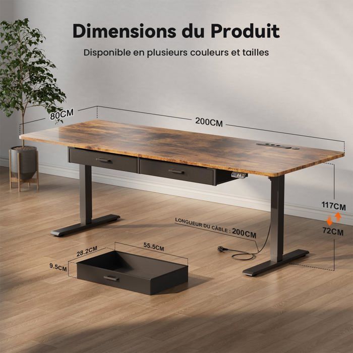 HLONONE Elektrisch zit- en sta-bureau, 200 x 80 cm, met geïntegreerd stopcontact, 2 uitneembare lades, USB-C-poort, bruin