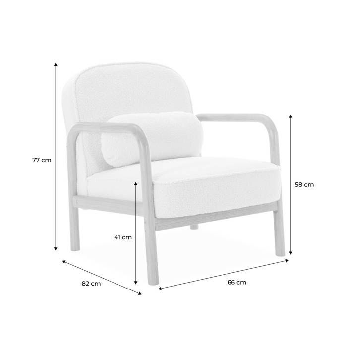 AMELIE Scandinavische fauteuil van licht walnootkleurig rubberhout en boucléstof.
