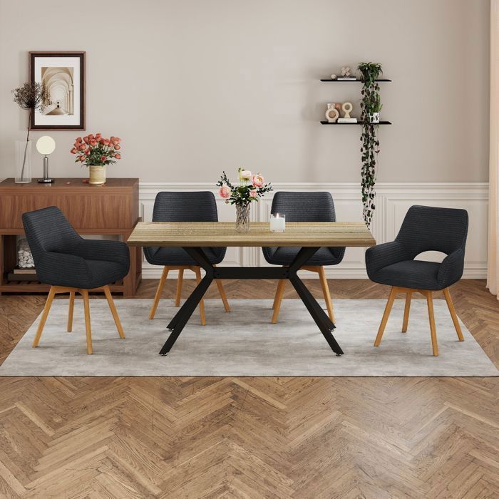 WAFTING 4er-Set Esszimmerstühle, Drehsessel, gepolstert mit Samtrückenlehne, Holzbeine, Schwarz