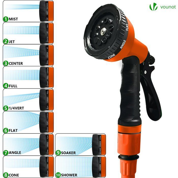 Manguera de jardín extensible VOUNOT® de 45 m, color naranja - 10 modos - Conector y bolsa de almacenamiento incluidos - Flexible y a prueba de fugas