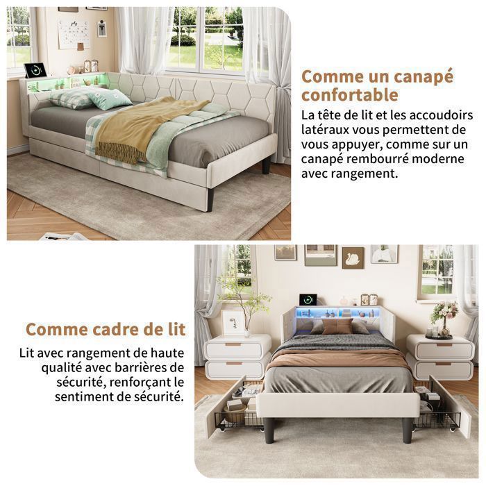 Divano letto convertibile - Click Clack - Velluto beige - 2 cassetti e vano portaoggetti - LED RGB e USB Type-C