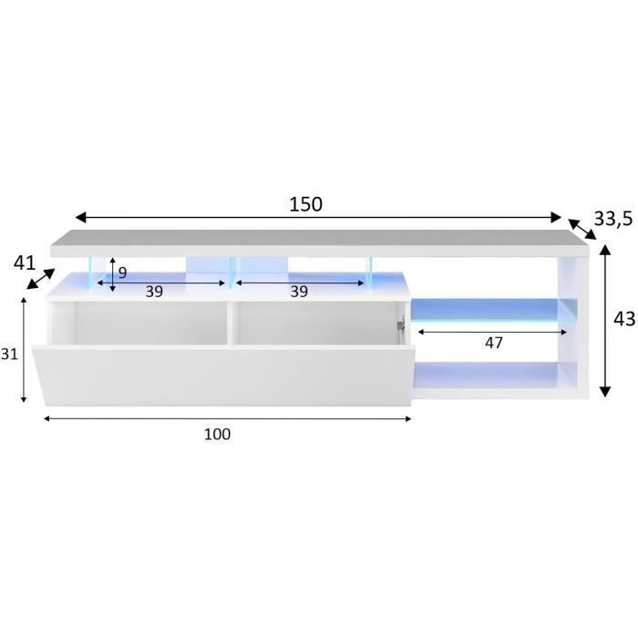 Mueble para TV reversible BLUE-TECH - Melamina lacada en blanco - 1 puerta abatible - Iluminación LED - Blanco brillante - 150 x 41 x 43 cm (ancho x profundidad x alto)
