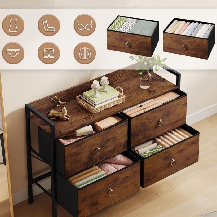 WOLTU Slaapkamer Commode - 4 Stoffen Laden - Stalen Frame - Gebrand Hout Effect + Zwart W0ITT7055
