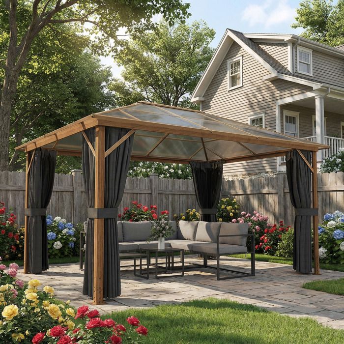 Cenador de jardín - pabellón exterior - Outsunny - techo rígido de policarbonato con aspecto de madera UV50+ - aluminio - 398x298x262cm - natural