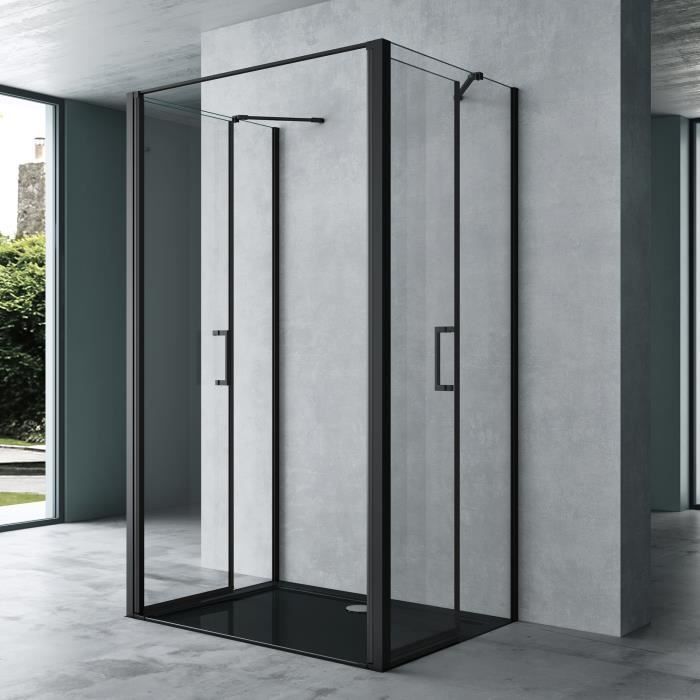 Cabina de duche Mai & Mai® 90x120 para parede simples, porta autoelevatória, divisória de duche retangular, vidro preto transparente Rav66UK