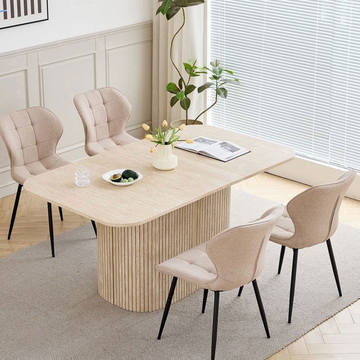 Mesa de comedor ovalada - Base de madera - Tablero grande de MDF - Estilo contemporáneo - 160 cm de largo - Travertino amarillo