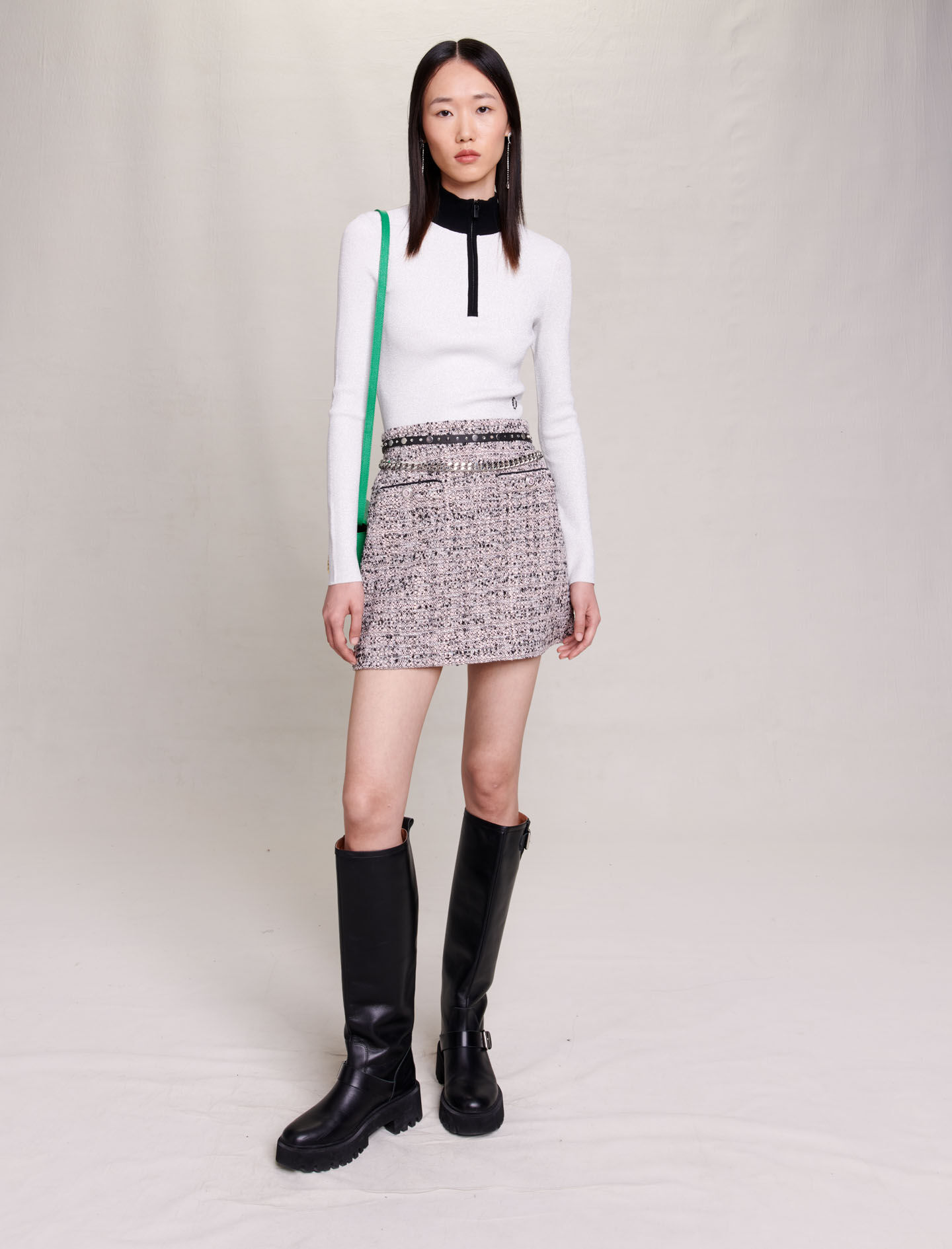 Fustă scurtă din tweed - Roz/negru