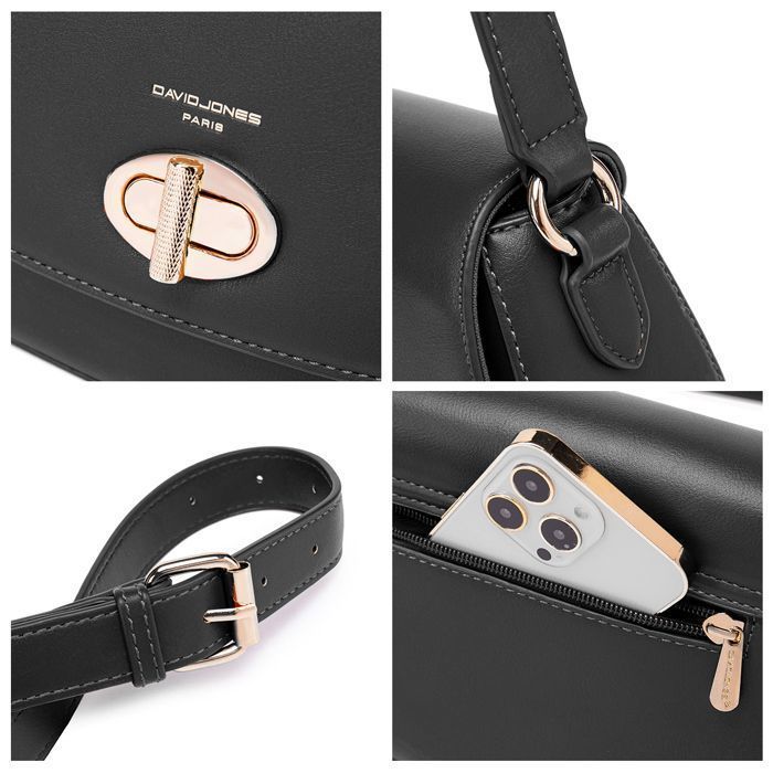 David Jones - Damesschoudertas - Crossbodytas van PU-leer - Clutch met draaisluiting - Zwart