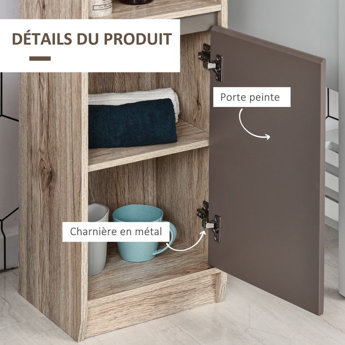 Mueble de baño tipo columna - HOMCOM - 6 estantes estrechos, 2 puertas, 2 compartimentos - madera - 30x24x170cm - roble gris