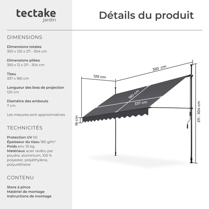 Tuinzonnescherm - TECTAKE - Clip-on zonnescherm zonder boren, met in hoogte verstelbare slinger - Zwart/Grijs - 350 x 180 cm