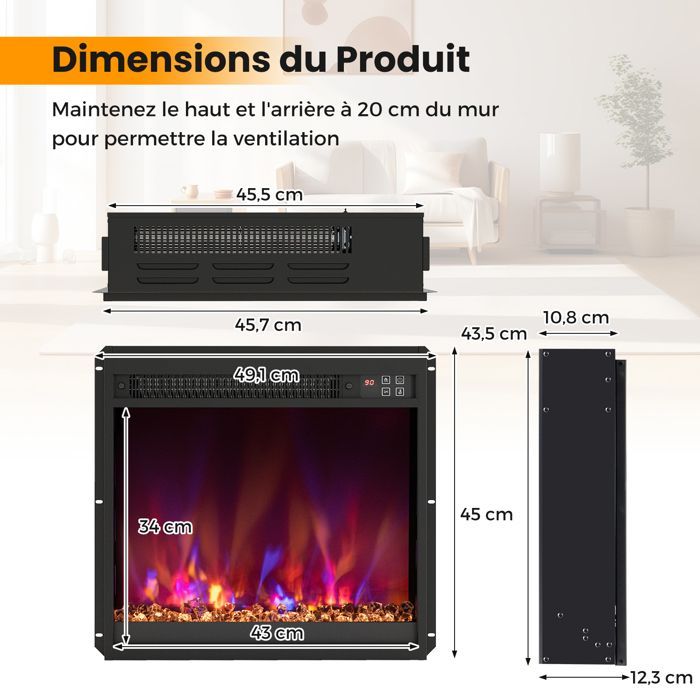 Caminetto elettrico GOPLUS da 1500 W, 45,7 cm, effetto fiamma 3D e 8 colori, 3 livelli di luminosità, temperatura regolabile da 17 a 32 °C, timer da 9 ore, lunghezza 49 cm.