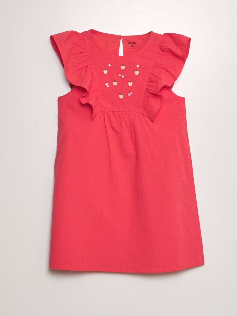 Vestido Corolla com babados e bordado de frutas - VERMELHO