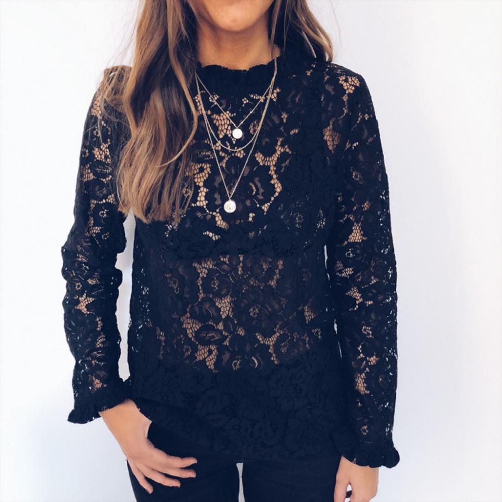 Camicetta da donna nuova in pizzo a rete sottile trasparente nera a rete a maniche lunghe, camicia in pizzo da donna estiva da spiaggia Blusas De Mujer 0