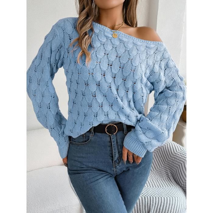 Pull En Tricot Femme Col Bateau Épaules Dénudées Casual Pullover Lâche Ajouré Manches Longues Couleur Unie - Bleu