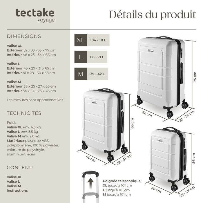 Maleta - TECTAKE - Juego de maletas de viaje BRICE en plástico ABS 52 x 35 x 75 cm - Blanco