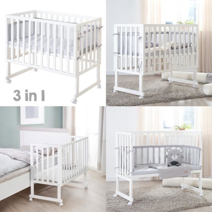 Berço ROBA Style 3 em 1 para dormir junto com a cama, com grade de proteção, colchão e protetor de berço - Branco