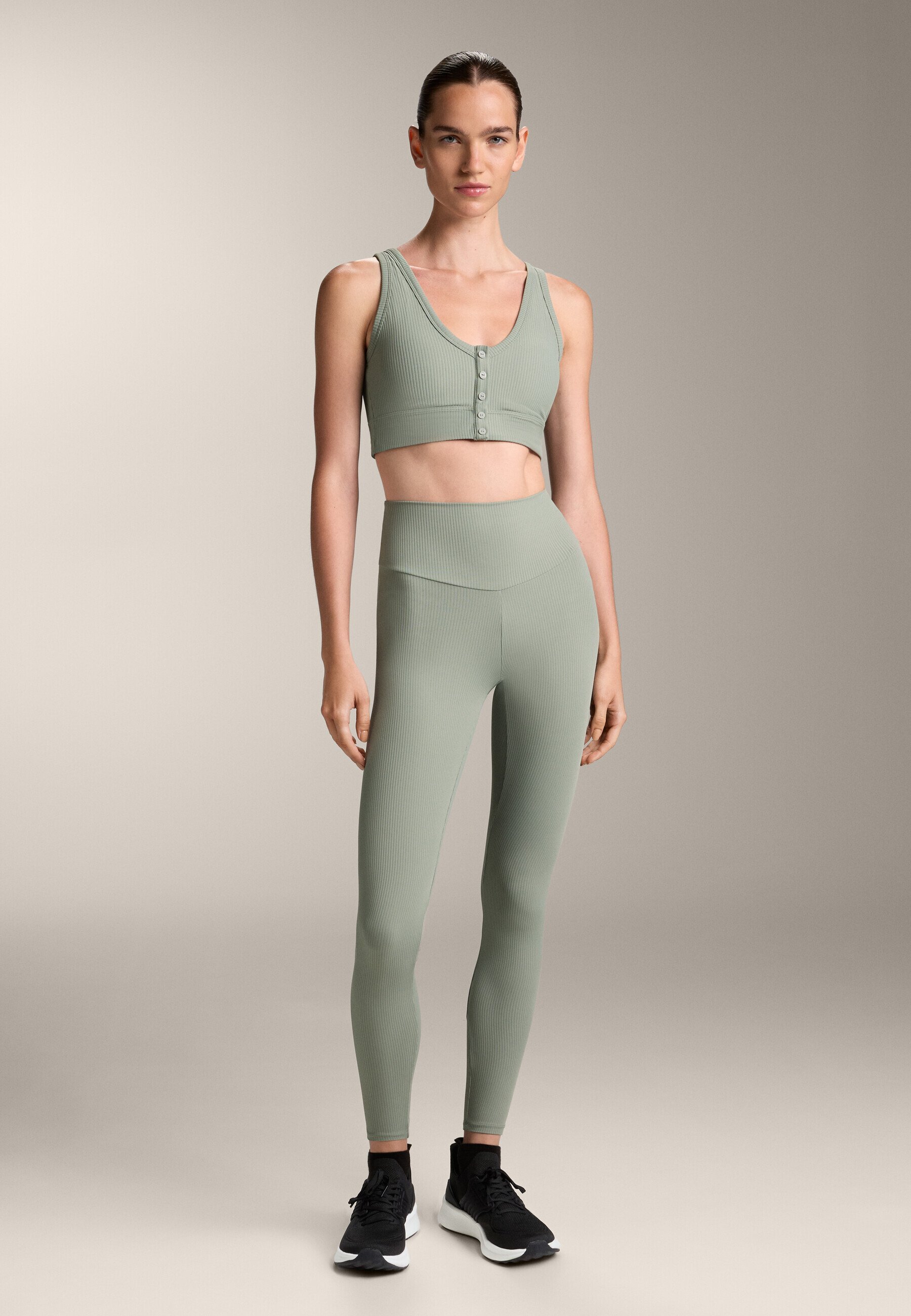 OYSHO COMFORTLUX HIGH RISE RIB 65cm ENKELLENGTE - Leggings - gemêleerd donkergroen