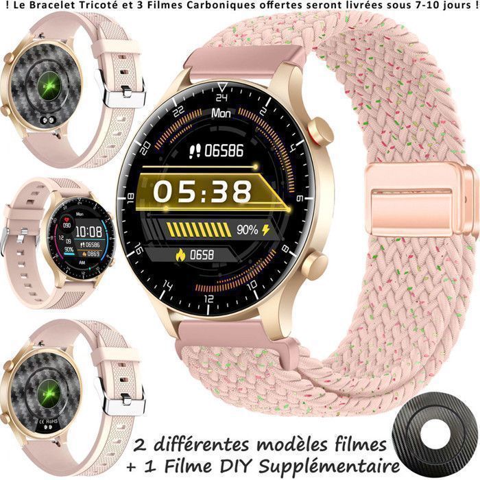 XTRADITECH Damen-Smartwatch, extra dünn (9 mm), rundes 1,3-Zoll-Gehäuse aus roségoldfarbenem Aluminium, intuitive Zungensteuerung, 2 Tasten, 1 Schnellzugriff