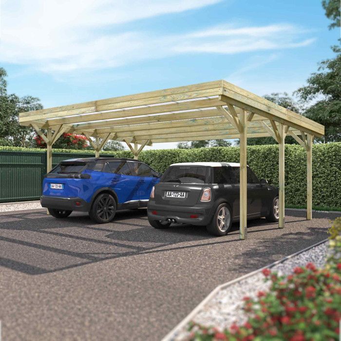 CARPORT BOIS 2 VOITURES 30,9M² 6 POTEAUX 9X9
