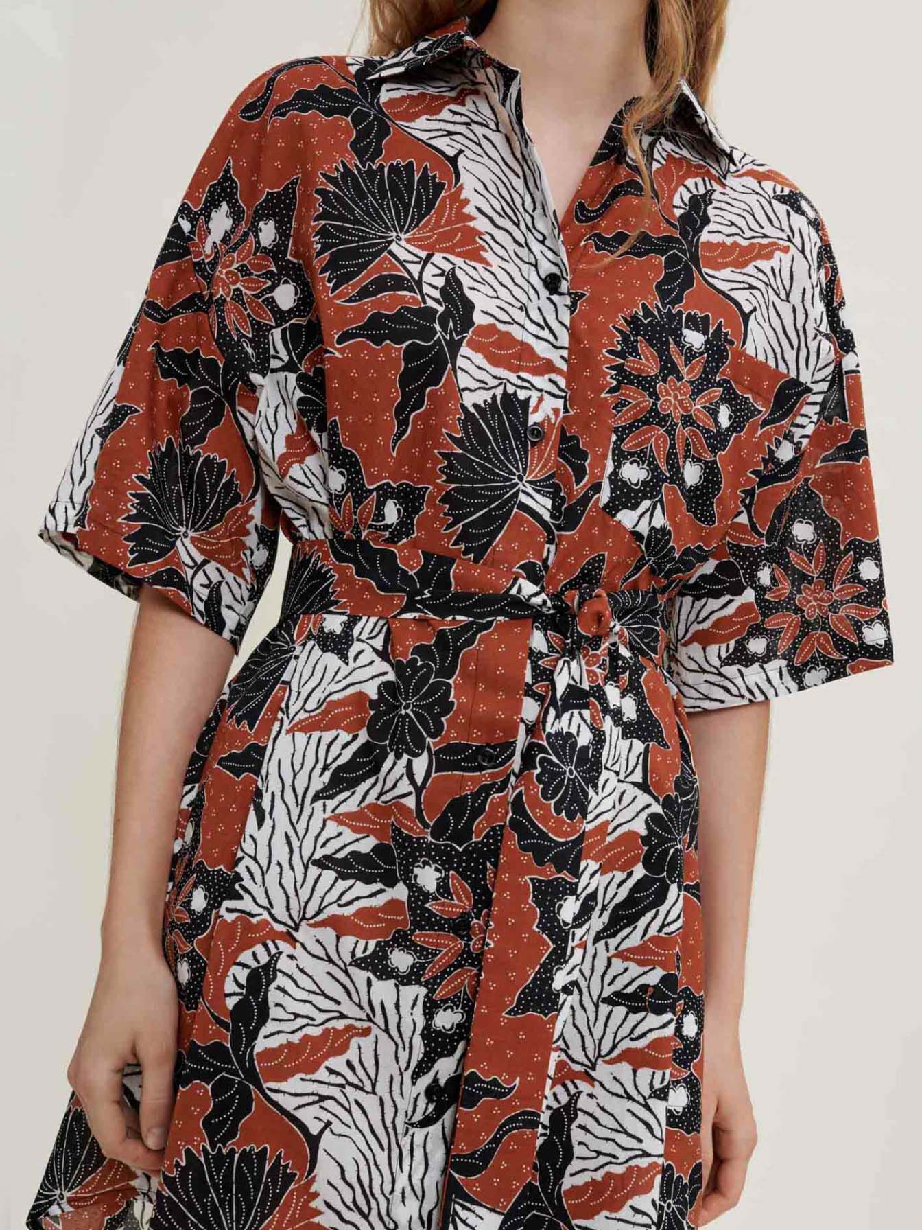 Jurk van katoenchiffon met print, etnisch terracotta