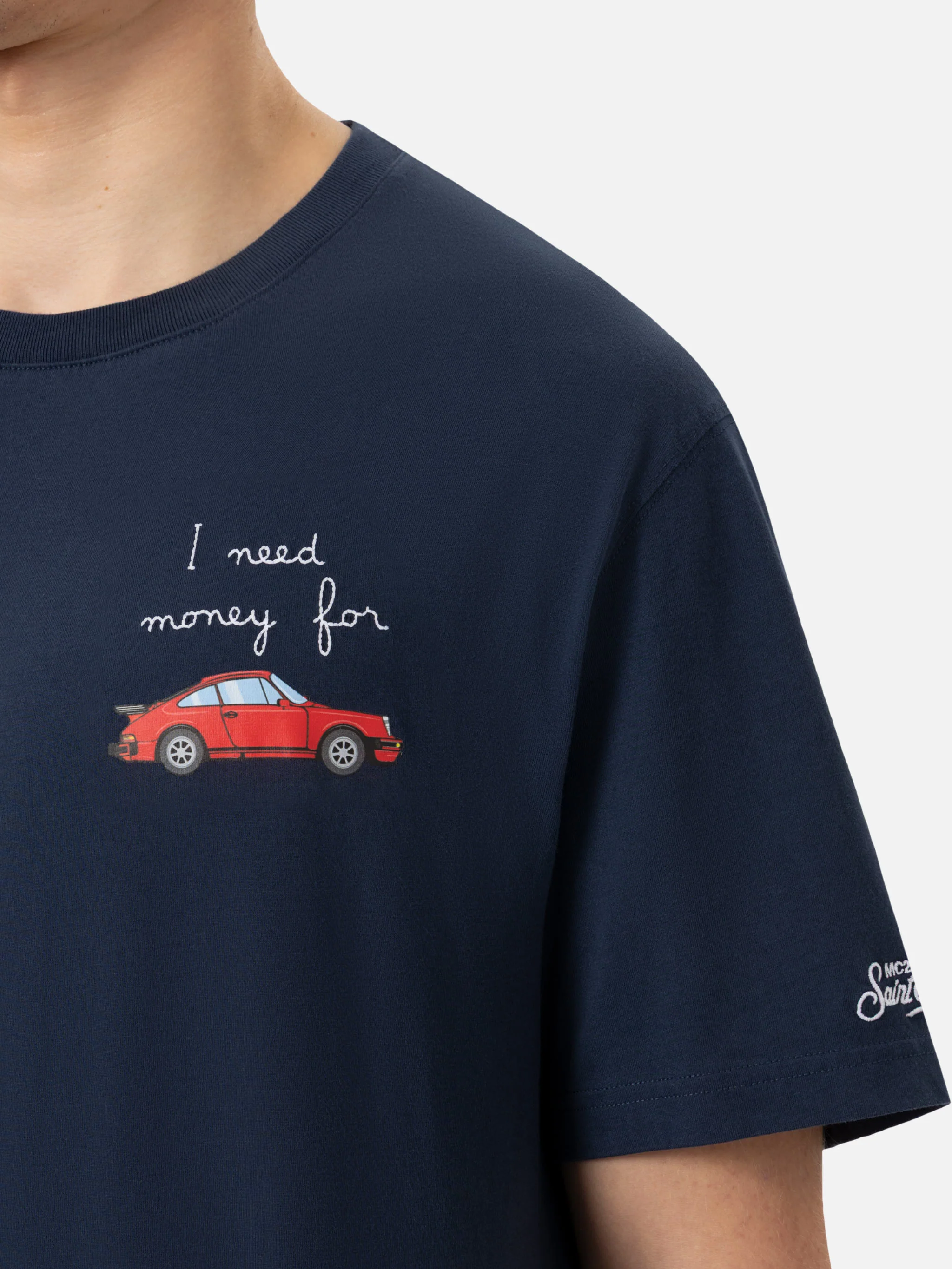 T-shirt met katoenen man en borduursel: Ik heb geld nodig voor…