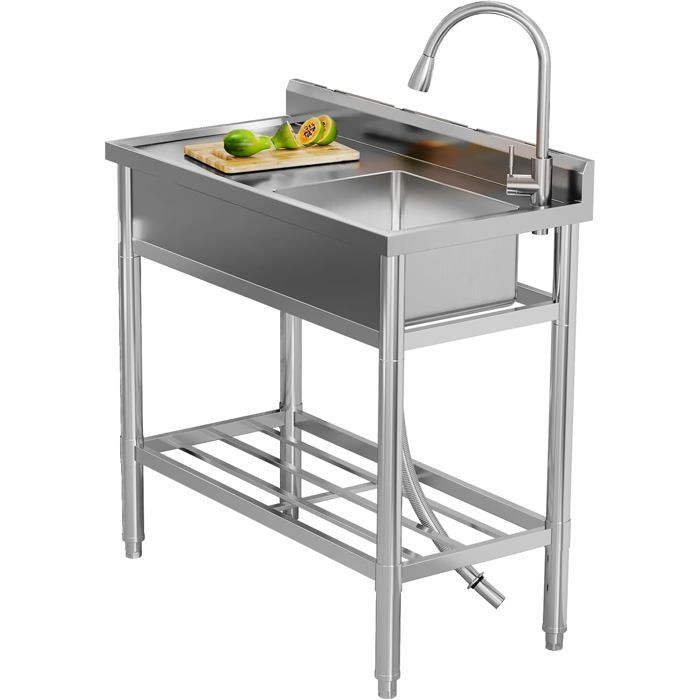 Évier Cuisine 1 Bac avec Établi Acier Inoxydable sur Pied, Cuve avec Chaud/Froid Robinet, Égouttoir pour Cuisine 100 * 51 * 95 cm