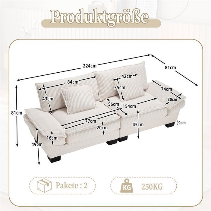 DRIPEX 3-Seater Beige Corduroy Sofa with Pillows, Back Cushions and Armrests, Sturdy Wooden Legs, 224×81×81cm