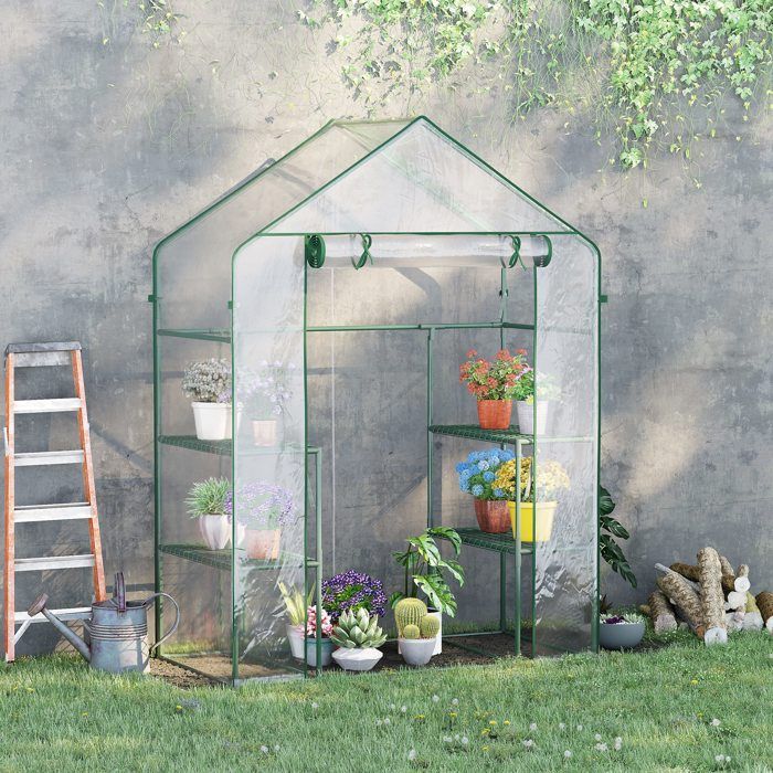 Gartengewächshaus – Outsunny – 3-stufiges Regal, Balkon, verstärkte Abdeckung, aufrollbare Tür mit Reißverschluss – Stahl – 142 x 73 x 195 cm – grün