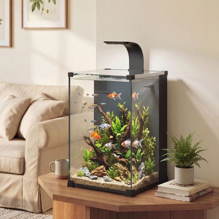 Aquarium - PawHut - 36L, nano aquarium with integrated filter, 5W pump and LED lighting - tempered glass - 30x30x45cm - black