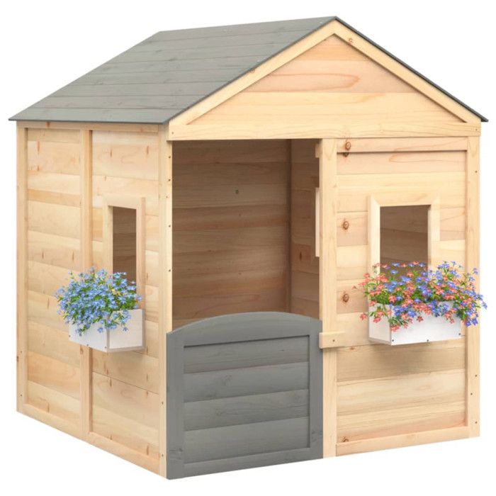 vidaXL Playhouse with Lockable Door/Flowers, Solid Fir Wood, Wooden Playhouse, Children's Play Area, 93687