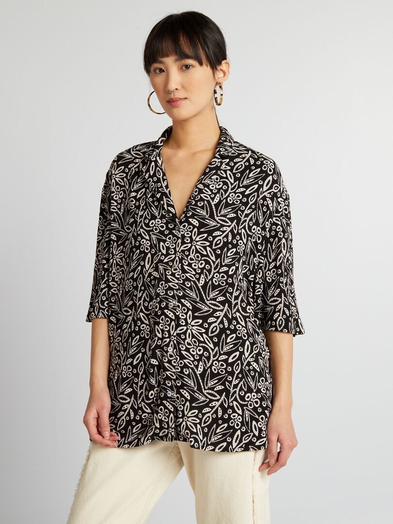 Crêpe blouse met pyjamakraag - ZWART