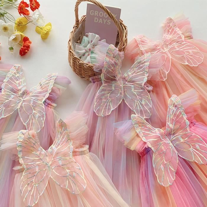 Robe Tutu à bretelles papillon arc-en-ciel colorée pour filles à paillettes Rose1