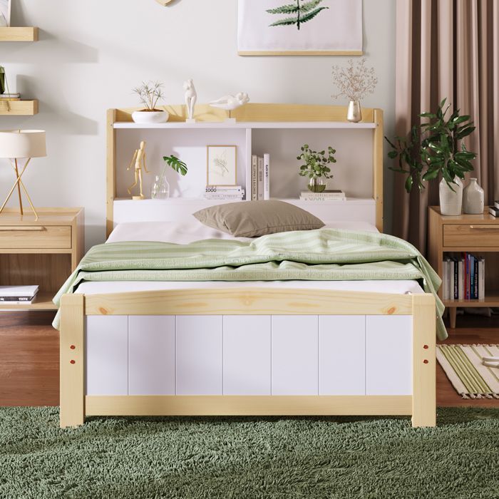 Cama infantil de madera maciza de 90x200 cm con colchón, estructura con somier de láminas de pino, individual, color natural y blanco.