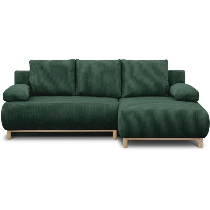 Canapé d'angle droit convertible - 3 places - MIKA - Tissu velours côtelé vert foncé - Coffre de rangement - 192 x 84 x 93 cm
