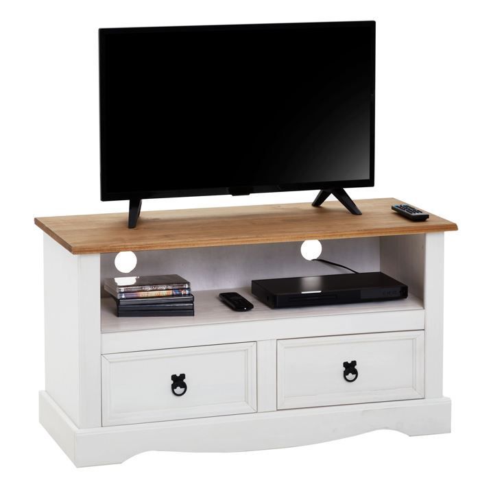 Mueble para TV CAMPO, banco para TV de pino macizo blanco y marrón con 2 cajones y 1 estante, mueble de almacenamiento de madera estilo mexicano.