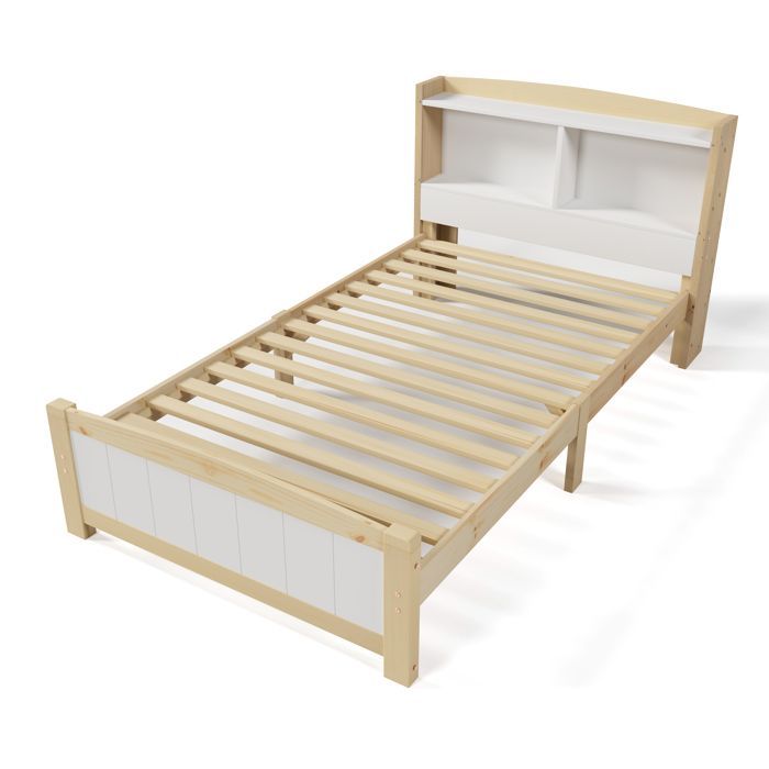 Cama infantil de madera maciza de 90x200 cm con colchón, estructura con somier de láminas de pino, individual, color natural y blanco.