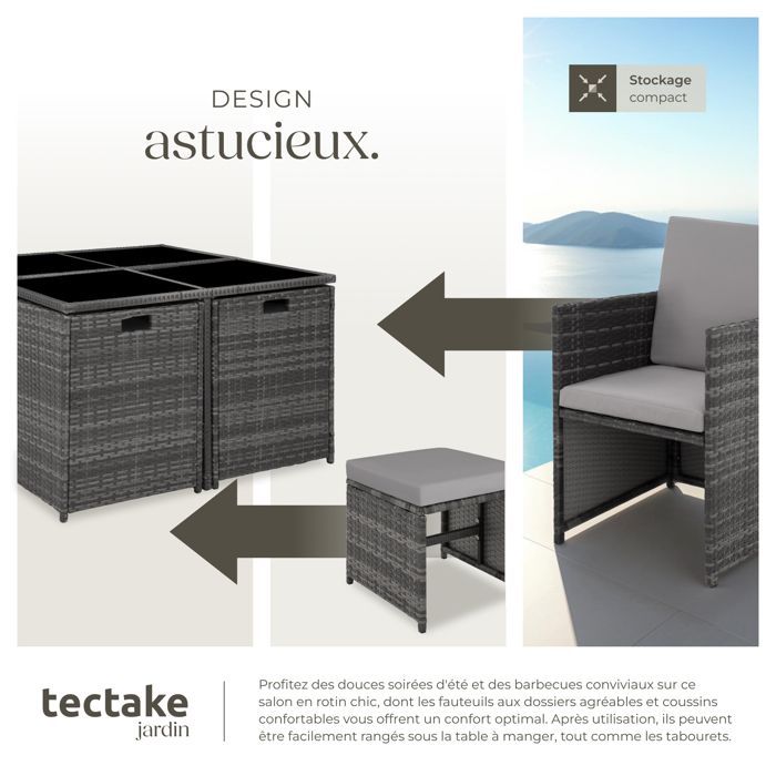 Salon de jardin - TECTAKE - Ensemble détente repas d'extérieur BILABO 8 personnes résistant pliable en résine tressée - Gris
