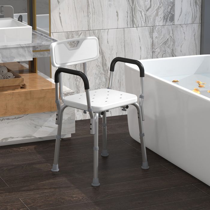 Silla de ducha - HOMCOM - altura regulable, patas antideslizantes, respaldo y reposabrazos extraíbles - aluminio HDPE - blanca