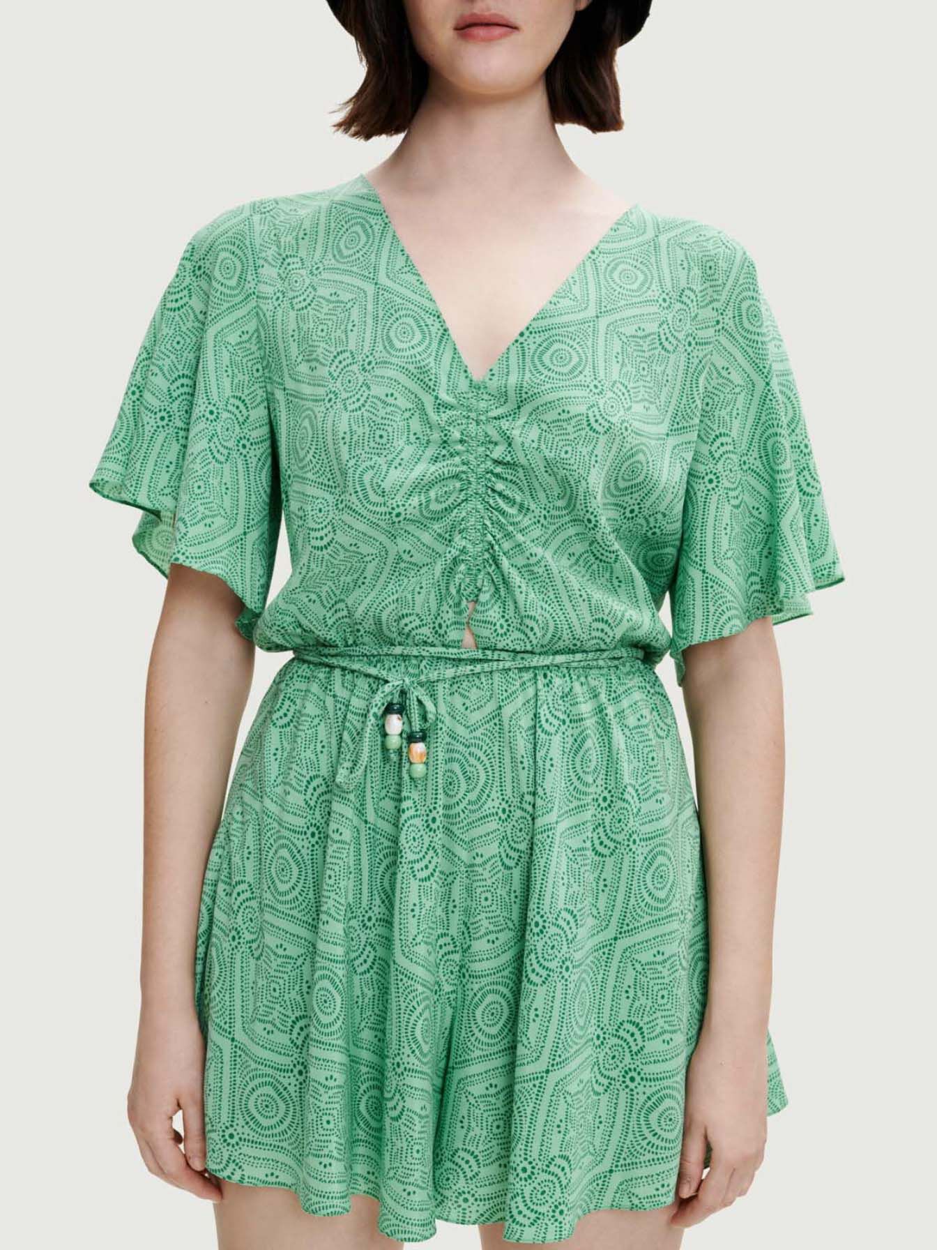 Salopetă scurtă cu imprimeu fluid - Verde etnic