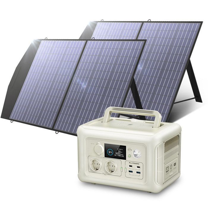 ALLPOWERS R600 — Portable solar generator 299Wh + 2×100W panels, 600W (1200W peak), 1.5h charge