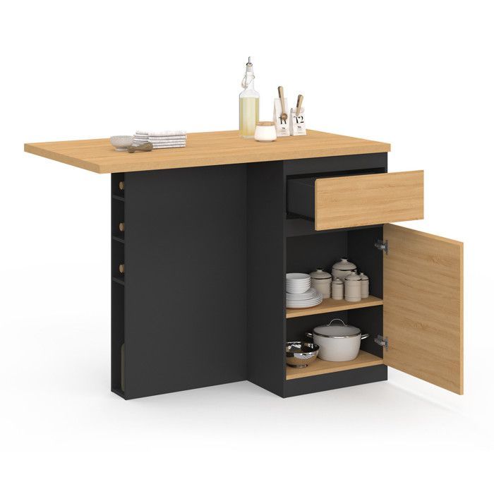 IDMARKET TINO 120cm Central Island with Bottle Rack, 4 Person Capacity, Black Wood with Beech-Effect Worktop
