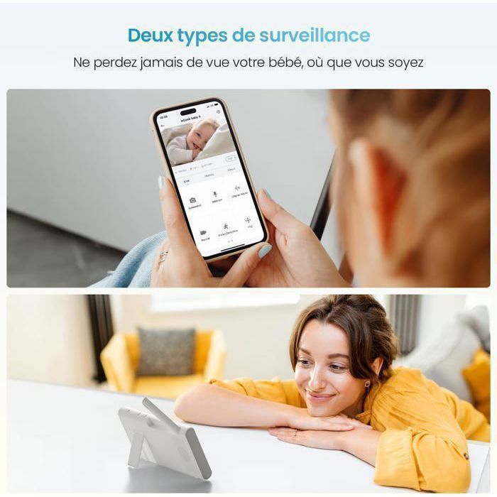 Câmera de monitoramento de bebê ieGeek 1080P, PTZ 355° com conexão para smartphone, monitor de vídeo com visão noturna e rastreamento automático.