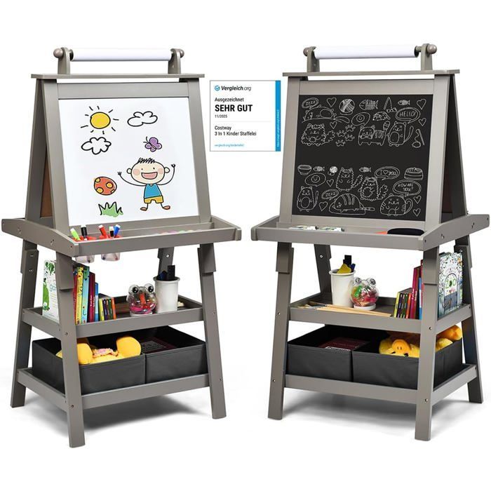 Tableau Enfant COSTWAY  Blanc Magnétique et Noir, Rouleau de Papier (Papier inclus), 3 Etagères et 2 Bac de Rangement Gris