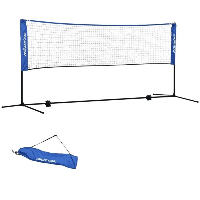 Badminton net - SPORTNOW - adjustable height from 107 to 155 cm - with carrying bag - metal frame - black, blue
