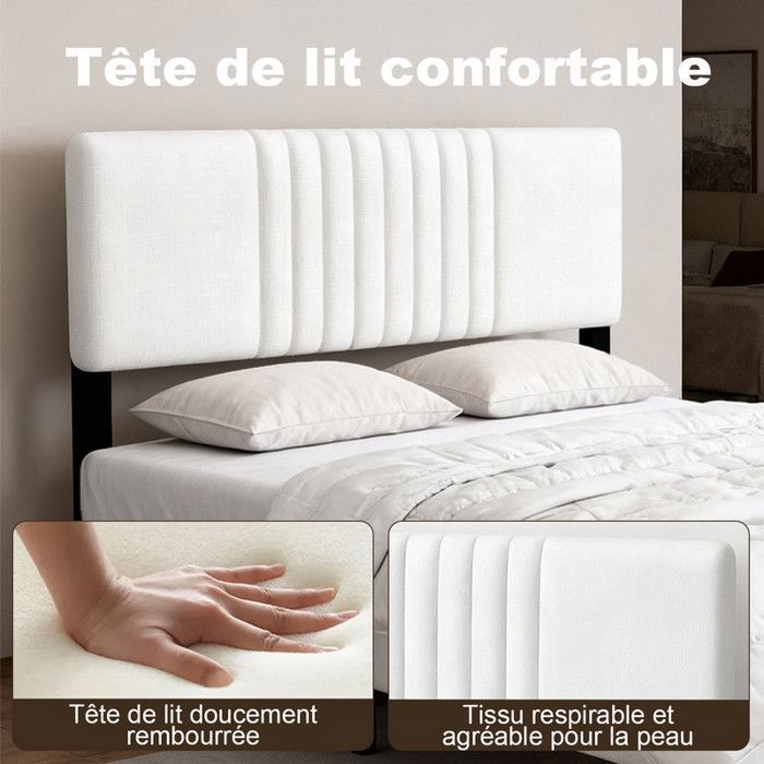 Lit double - 140x190 cm - Tête Rembourrée Lin - Sommier à lattes bois - Double Support en Métal et Bois - Cadre solide silencieux